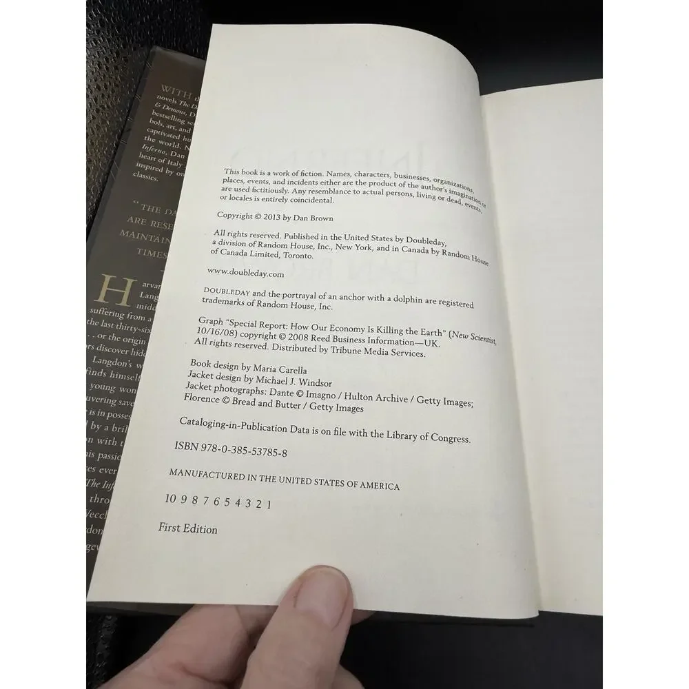 Dan Brown Inferno, First Edition, Doubleday Hardcover DJ L, Excellent Condition